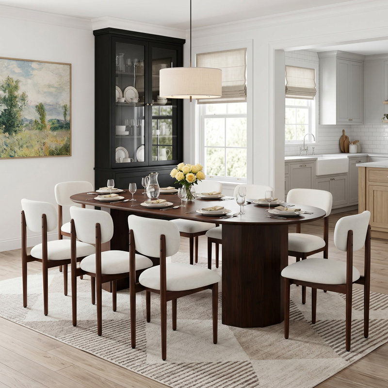 Ensemble de table de salle à manger en bois massif 79 po avec 8 chaises rembourrées Fabirc, Walnut, White/Walnut