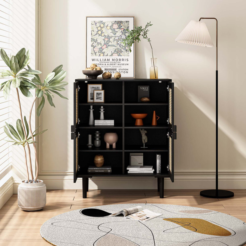 4-Doors Rattan Mesh Storage Cabinet, Black