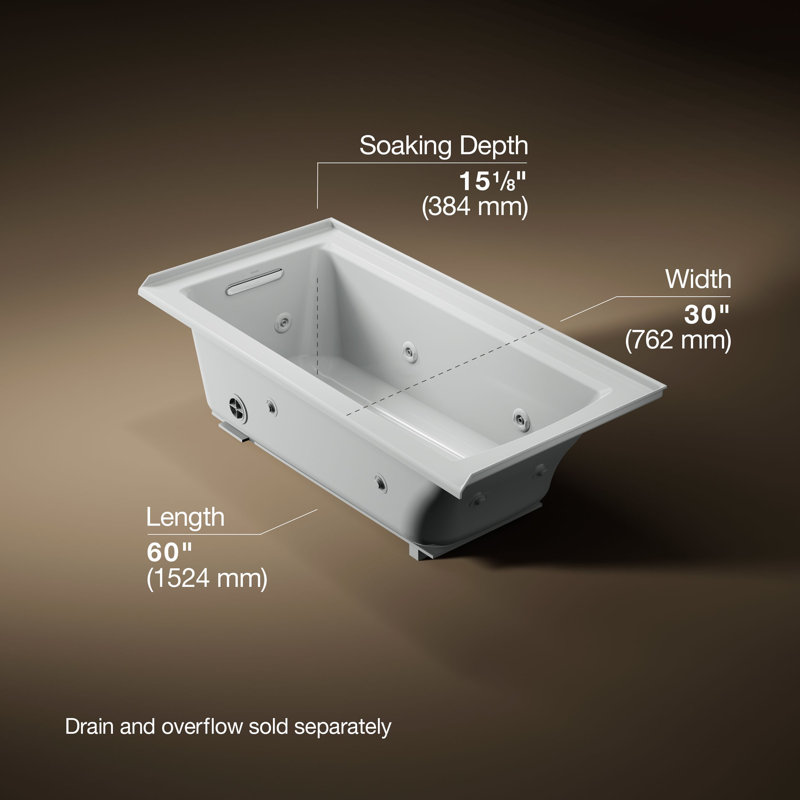 Archer® 60" x 30" Drop-in Whirlpool Bathtub, White, Left
