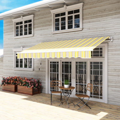 Auvent de balcon rétractable 12 pi x 10 pi. Manivelle manuelle. 280G / M et eau - tissu. Cadre en aluminium. Terrasse, patio, cour. Abat-jour de jardin jaune et gris avec tissu, patio. Jaune