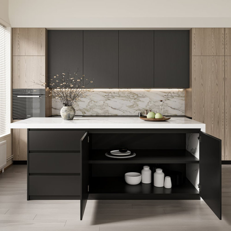 72" Kitchen Island With Storage,Kitchen Cabinet with Seating Area and Sintered Stone Table Top, Black, Sintered Stone