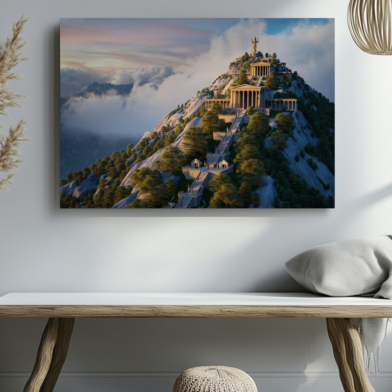 Toile, art majestueux d'un temple antique situé sur un rocher escarpé, montagne baignée de soleil doré chaleureux