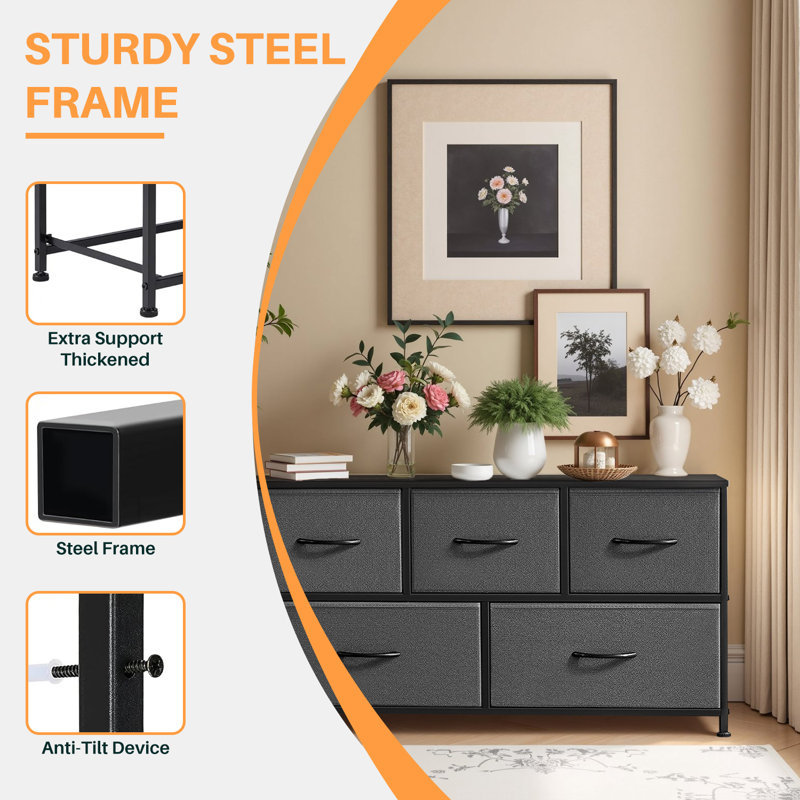 Commode de chambre avec 5 tiroirs Atre, Gris