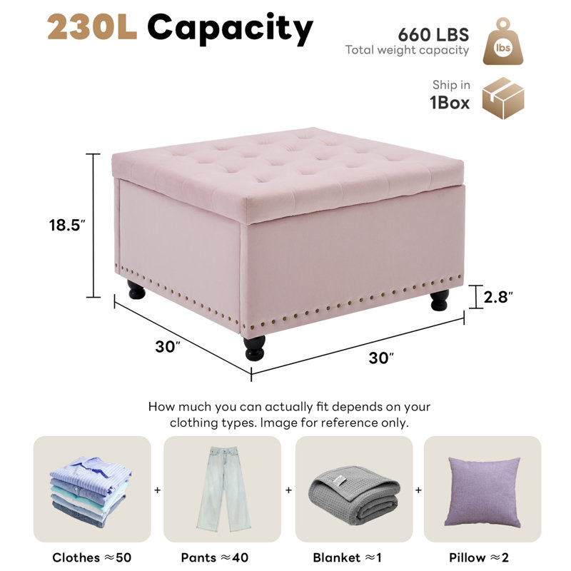 Arshi 30'' Tufted Square Storage Ottoman, Pink Velvet