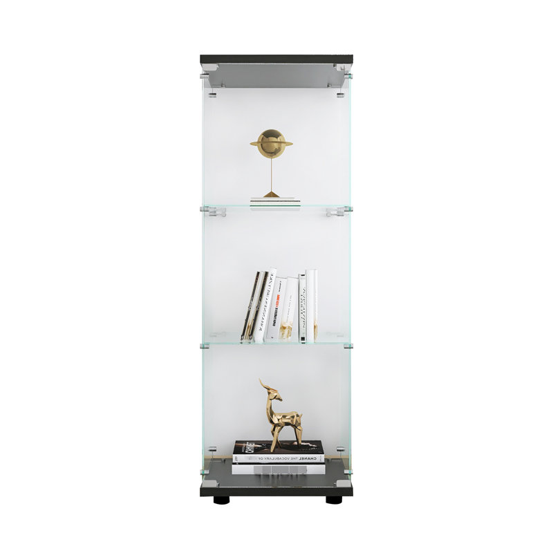 Glass Display Cabinet With 3 Shelves, Curio Cabinets For Bedroom, Living Room, Office, Black Floor Standing Shelf, Easy Installation Shelf Carving, Territory, Quick Conformity