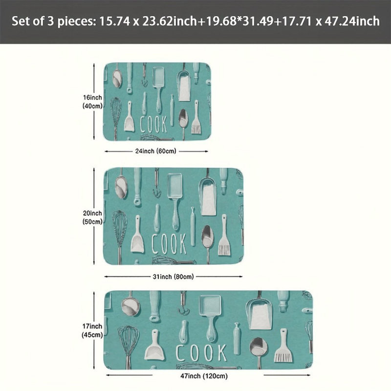 Tapis de cuisine bleu sarcelle 3 pièces pour ustensiles de cuisine, garde-manger, blanc sarcelle