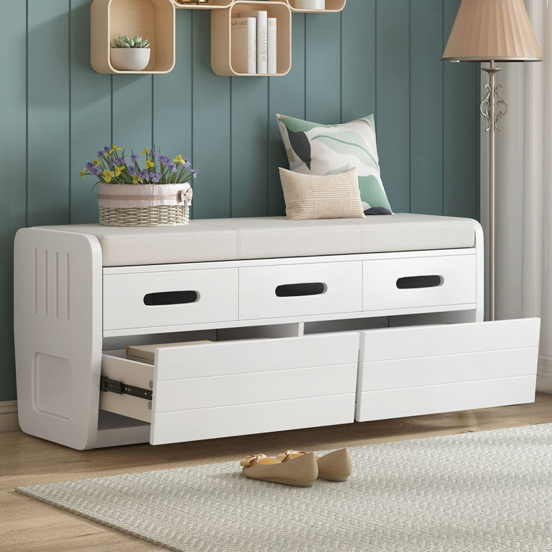 Rustic Storage Bench with 2 Drawers, Hidden Storage Space, White