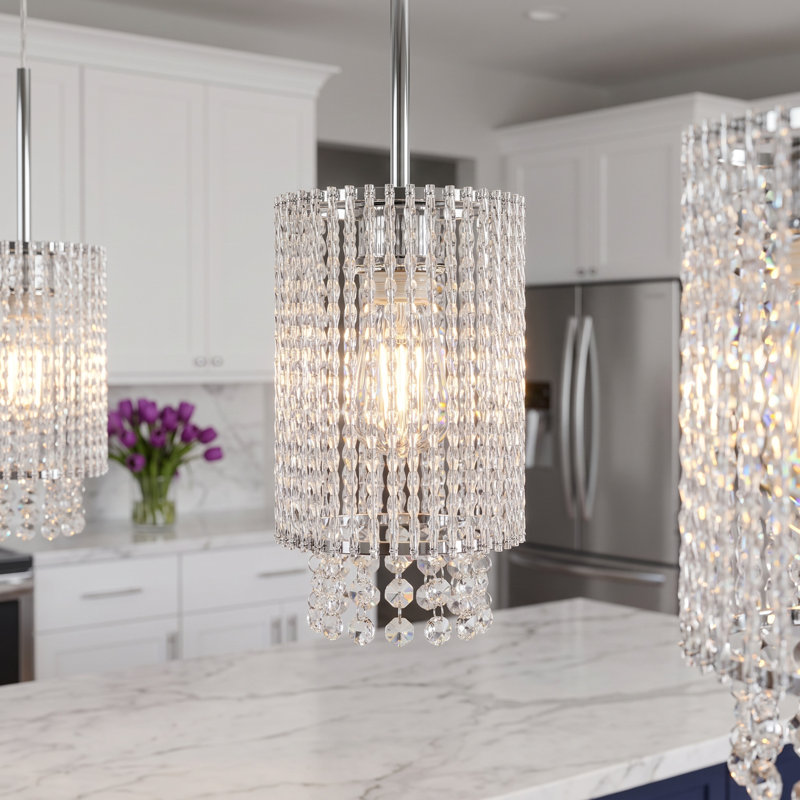3 Pack 5.1" Chrome Crystal Bead Strand Chandeliers, Modern Drum Mini Pendant Light