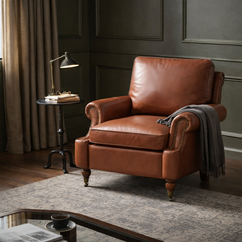 Chaise avec accoudoirs en cuir véritable ciré Stanton, Selle de cuir