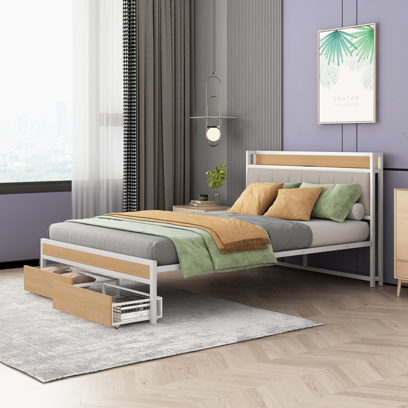 Structure de lit plateforme en métal avec 2 tiroirs, Double, Blanc