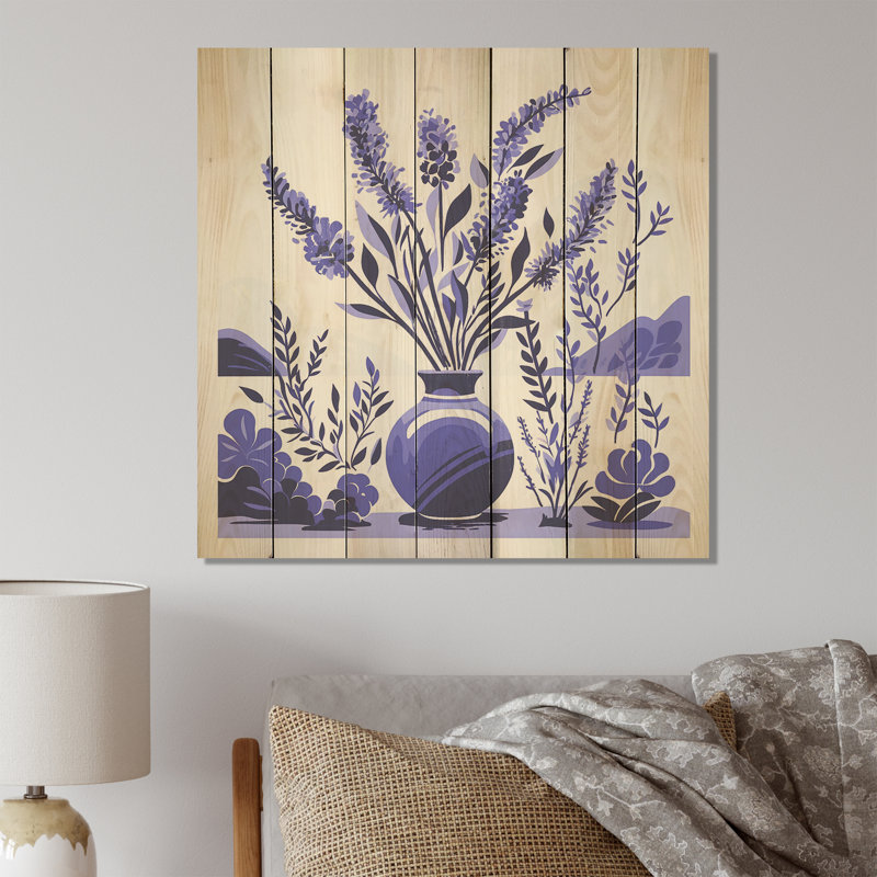 Purple Boho Pottery Blooms IV - Boho Pottery On Wood Print, 15" H x 15" W