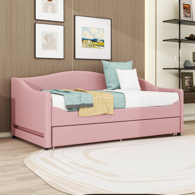 Upholstered Daybed with Twin Trundle and LED, Twin, Pink