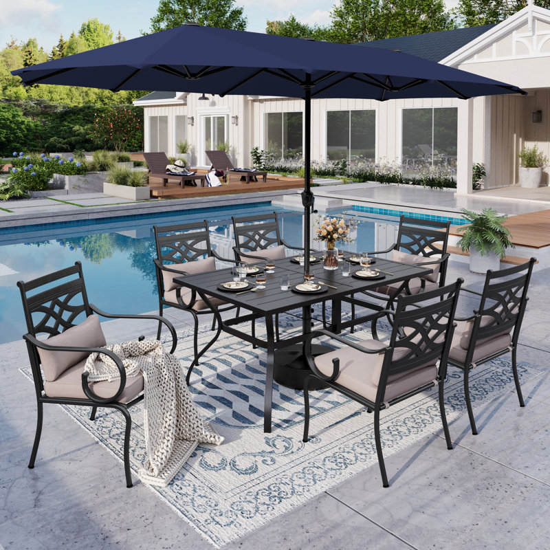 Ensemble de salle à manger rectangulaire pour 60 personnes avec coussins et parasol Leonard, Bleu marine