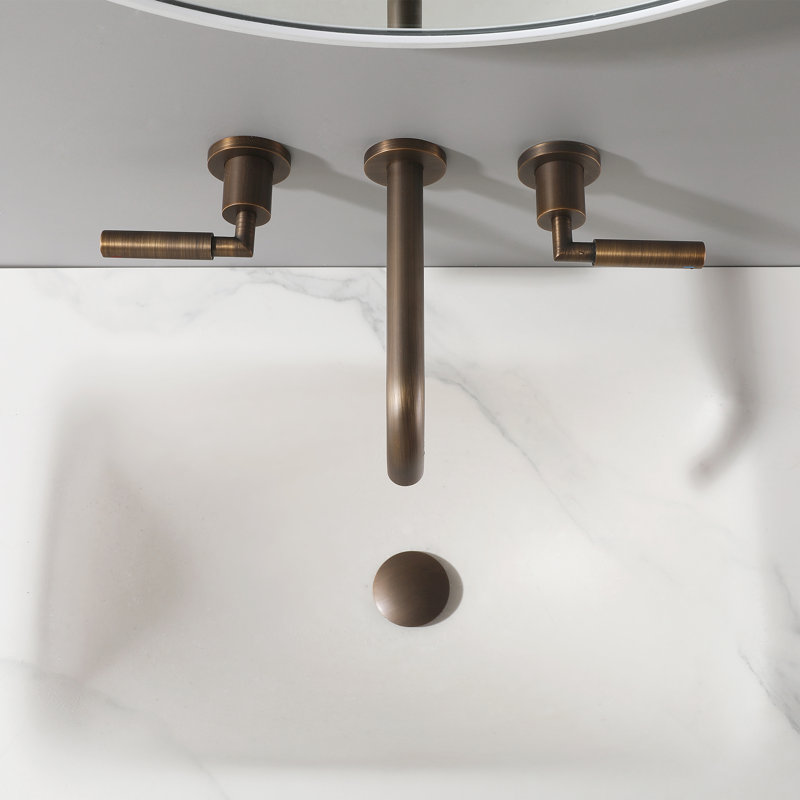 Robinet de lavabo de salle de bain mural moderne à 2 poignées en or brossé, laiton massif avec bonde, Or brossé