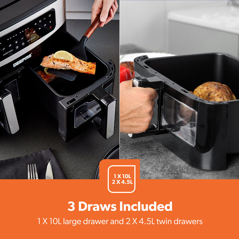 GEEPAS 9L XL Dual Zone Air Fryer & 10L Air Fryer Drawer Combo - 10-In-1 Functions, Touch Screen, Viewing Window, Dual Temperature Control, Match Cook, Smart Finish - Large Capacity, Batch Cooking
