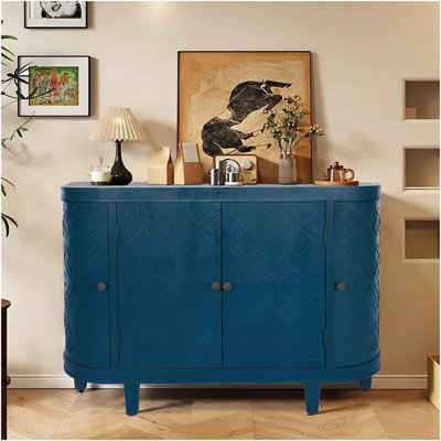Armoire de rangement ovale 47 po avec 4 portes, armoire buffet avec rangement, armoire de rangement d'appoint cannelée à bord arrondi, porte coulissante, crédence autoportante, console pour salon, cuisine