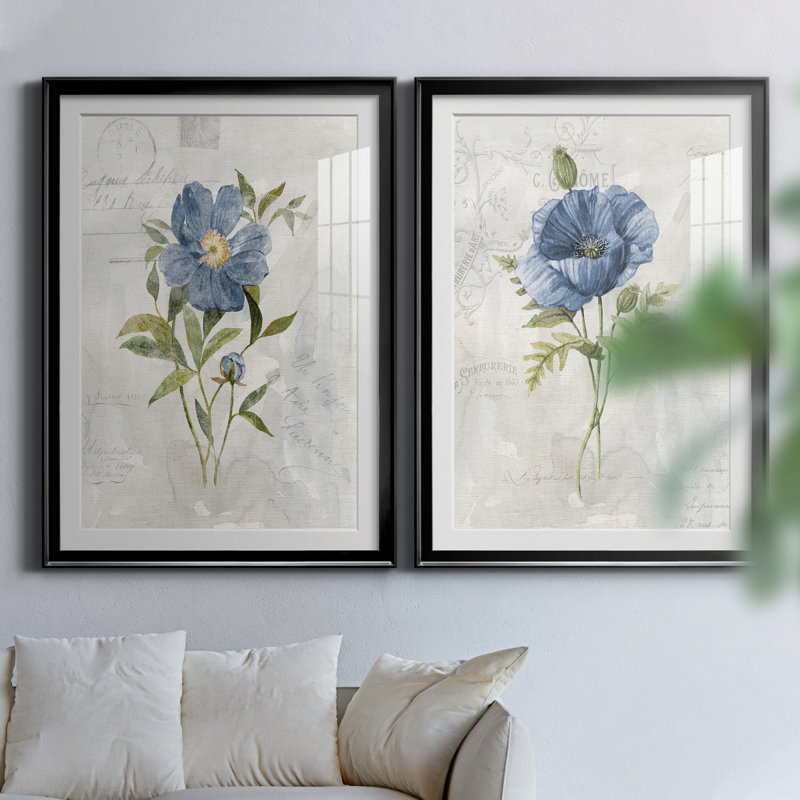 Blue Linen Peony - ensemble de 2 reproductions d'art, H 26,5 po x l 73 po x P 1,5 po, Papier encadré noir, Blanc