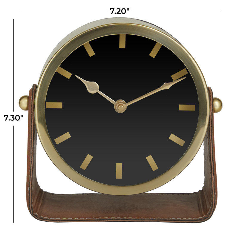 Horloge décorative en acier inoxydable avec support en cuir, Doré / Brun, H 7,30 po x l 7,20 po x P 4,40 po