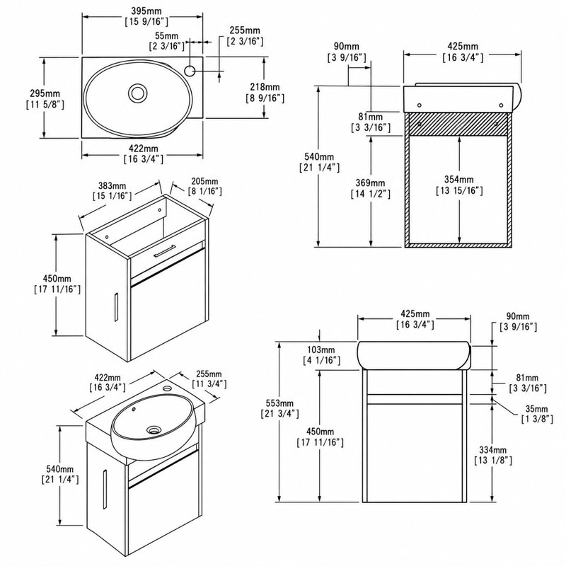 Meuble-lavabo flottant simple 16 po en chêne avec lavabo en céramique et portes à fermeture en douceur, Chêne