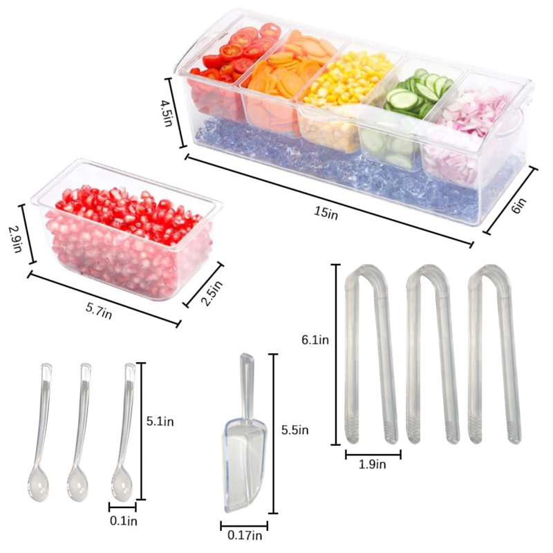 Chilled Condiment Server With Lids,Serving Trays,Condiment Caddy With 5 Containers,Ice Fruit Tray Platter For Bar Accessories,Salad,Taco,Party Garnish