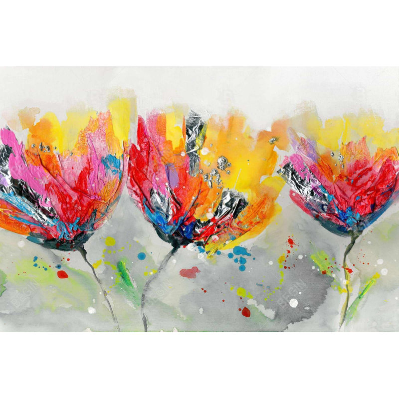 " Four Coloured Flowers On Grey Background "