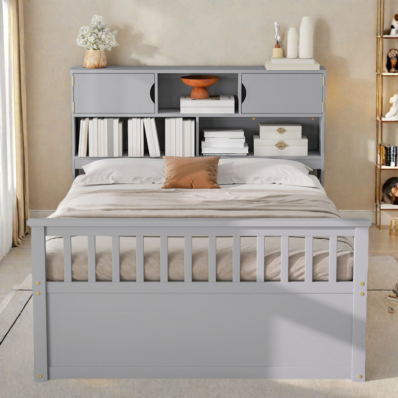 Lit plateforme double pleine grandeur avec bibliothèques de rangement et tablettes, quatre tiroirs, Gris