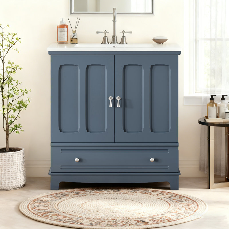 Ensemble de meuble-lavabo simple 30 po, meuble-lavabo moderne avec tablette réglable, tiroir avec cloison, Bleu / blanc