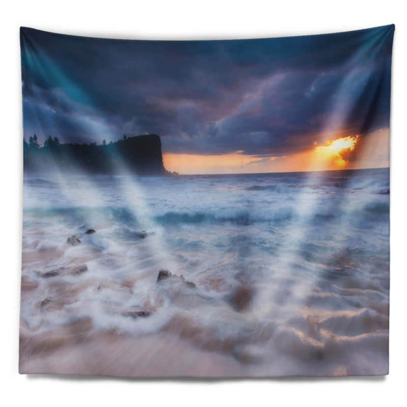 Tapisserie Seashore Incroyable coucher de soleil avec vagues blanches, H 32 po x l 39 po