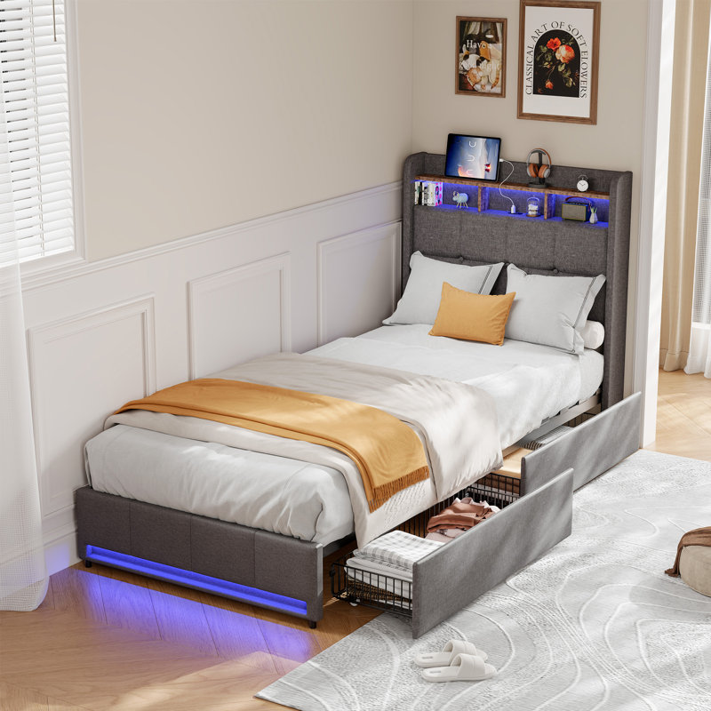 Upholstered Storage Bed, European Single (90 x 200 cm), Grey