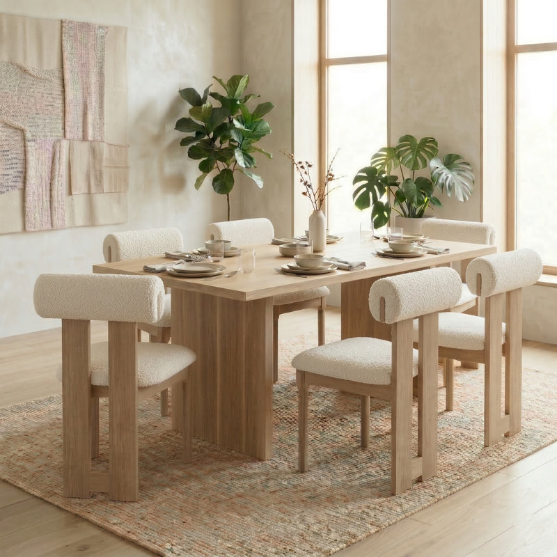 Abentego Solid Wood Fabric Dining Chair , Beige, 6