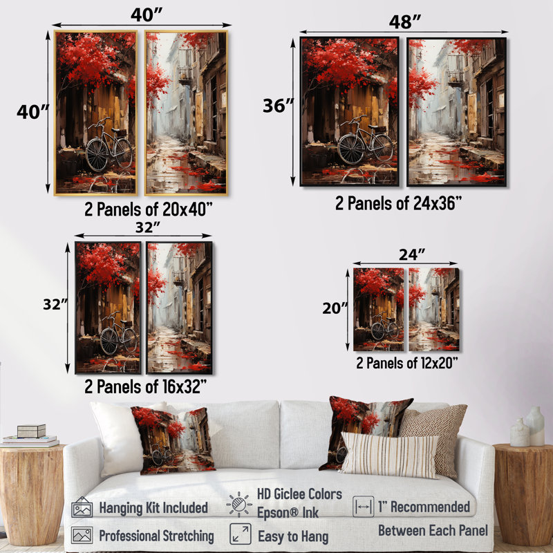 «Crimson Ride Red Flowers I» - Grand vélo, reproduction d'art sur toile, H 36 po x l 48 po, Doré