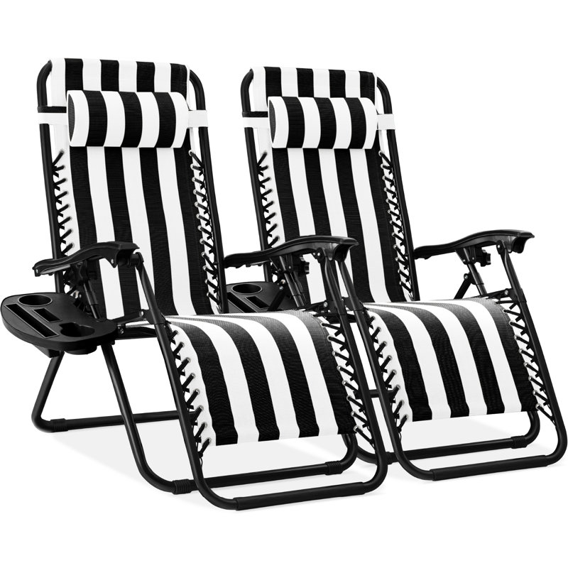  Set Of 2 Zero Gravity Lounge Chair Recliners For Patio, Pool W/ Cup Holder Tray - Black Striped, Black, Black Striped
