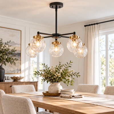 5-Light Industrial Chandelier with Cracked Glass Globes, Matte Black and Brass, 90° Swivel Light Heads, Adjustable Height 16"-72", ETL Listed