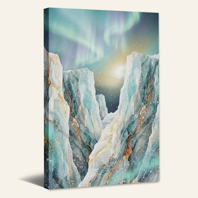 Art mural sur toile Teal Marble Mountains with Gold Veins under Aurora
