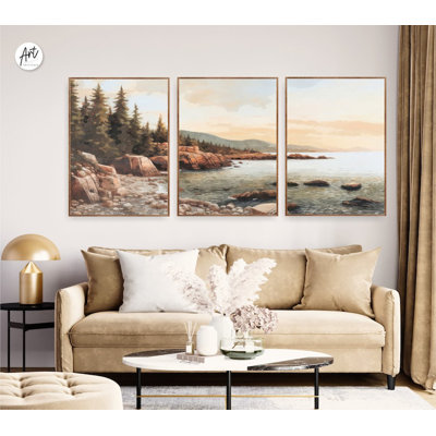 Acadia National Park, Wall Art, Watercolor Print, No Frame Poster With Wrapped Canvas (Set of 3)