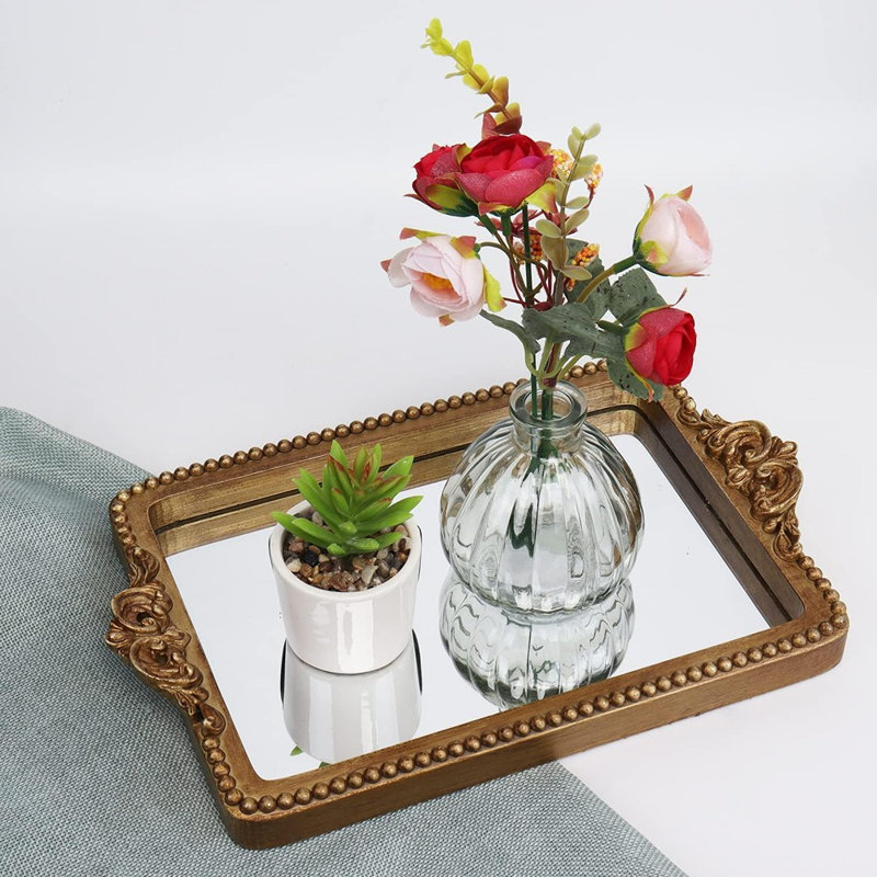 Vintage Gold Tray With Mirror Base, Decorative Tray For Card Holder, Vanity, And Home Organizer