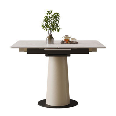 Table de salle à manger rétractable à dalle de roche pliante, table carrée extensible moderne avec base en acier inoxydable revêtue de cuir, table de cuisine à double usage pour les petits appartements