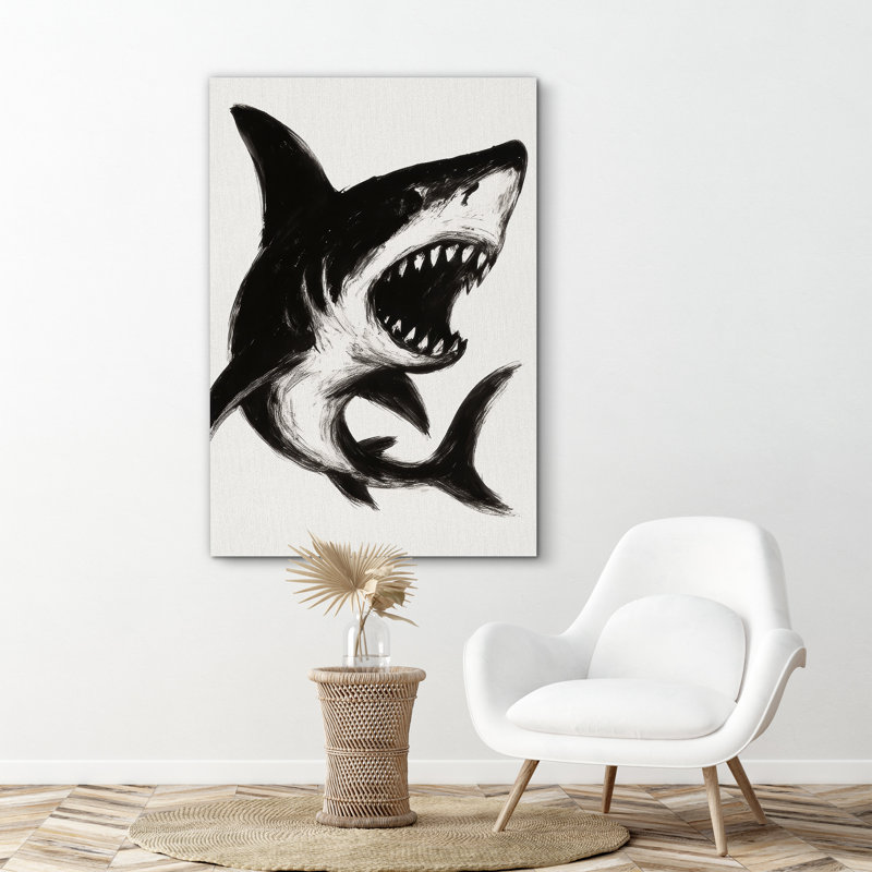 Black and White Shark Art - Pictures Framed Canvas Print Wall Art, 36" H x 24" W x 1.5" D, Wrapped Canvas