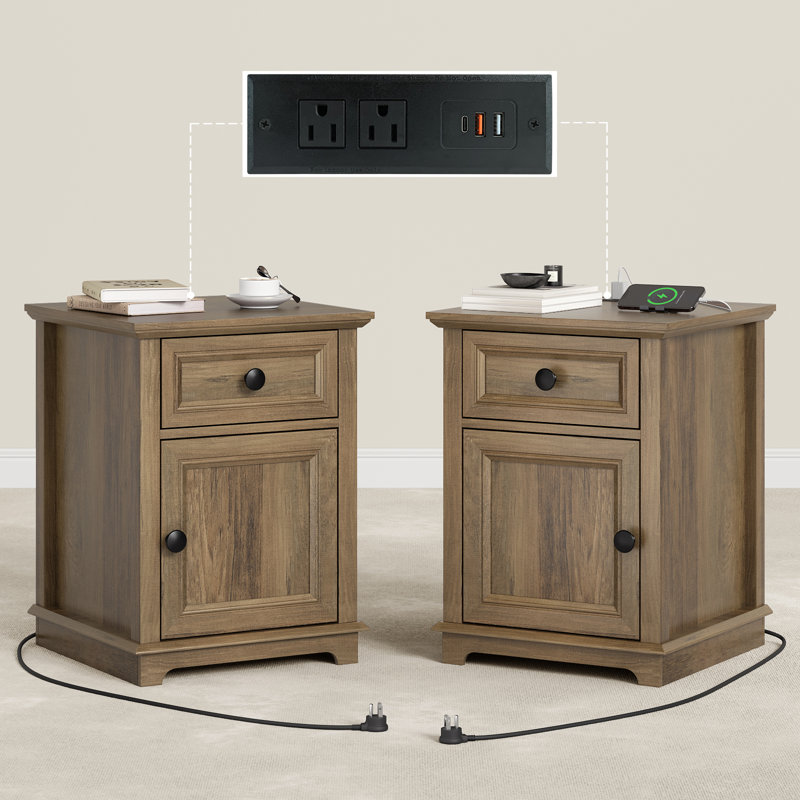 Brittnei 1-Drawer Manufactured Wood Nightstands with Storage and Built-in Outlets, Light Brown, 2