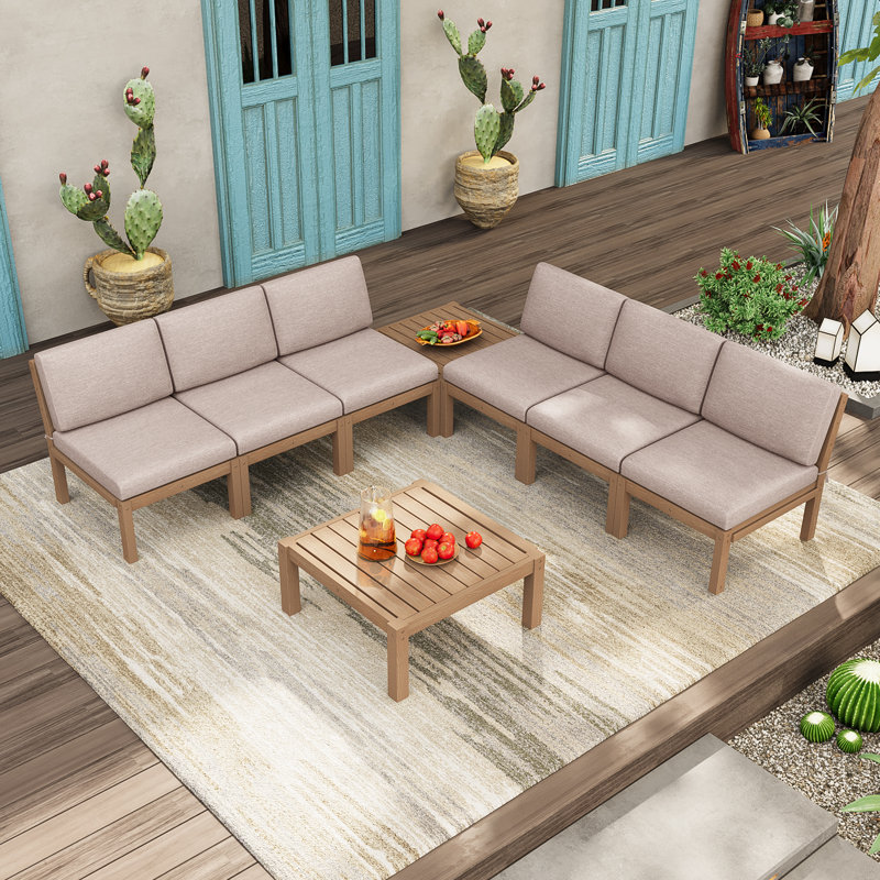Ensemble de conversation pour le patio en teck pour 6 personnes, Coussin beige / structure grise