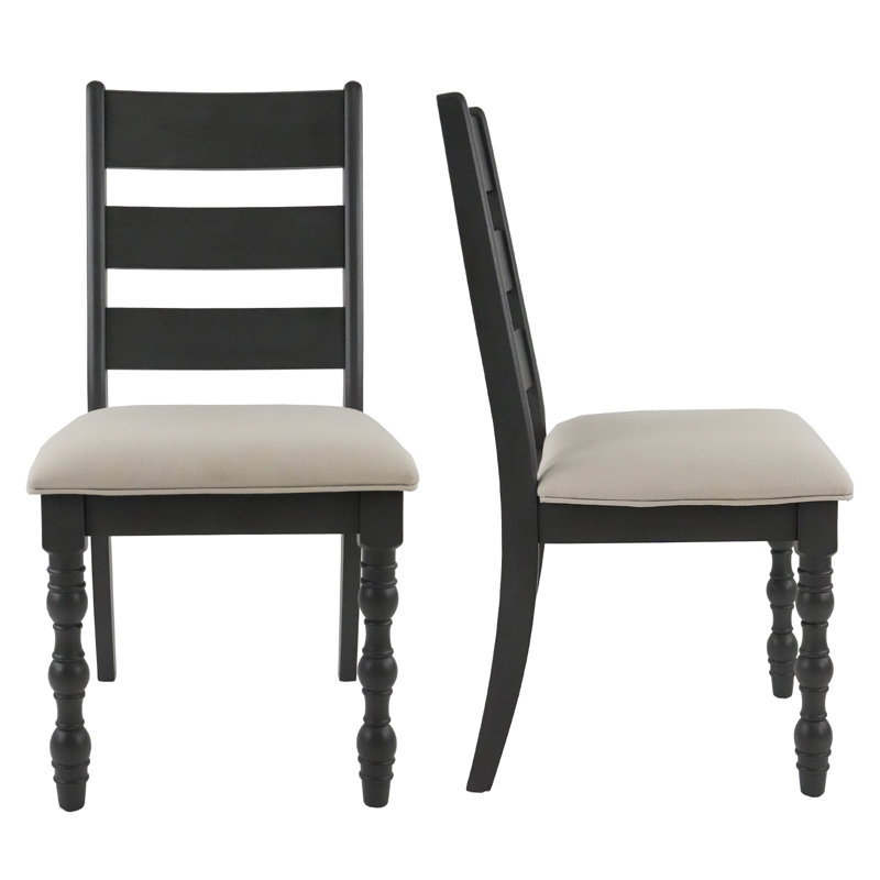Farmhouse Ladder Back 17" Wide Upholstered Side Chair With Cushion Seat And Solid Wood Turning Legs, Chenille Beige, Black