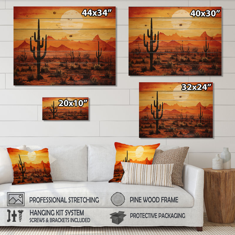 Cactus Sunrise Silhouettes - Art mural en bois de cactus sur bois de pin naturel, H 24 po x l 32 po