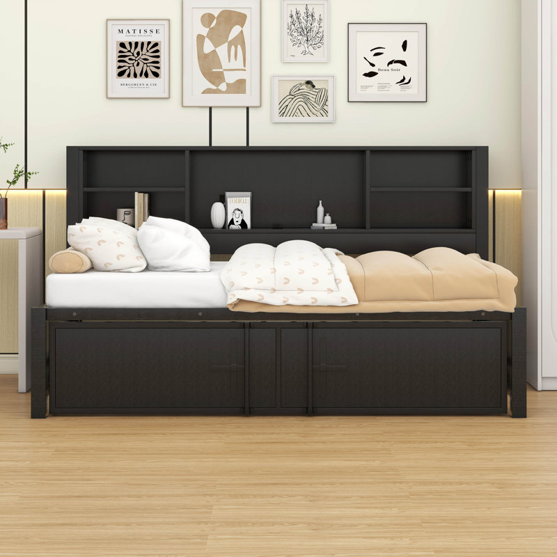 Lit de jour simple avec lit gigogne simple, lit de jour en métal avec tablettes de rangement et ports USB, Noir