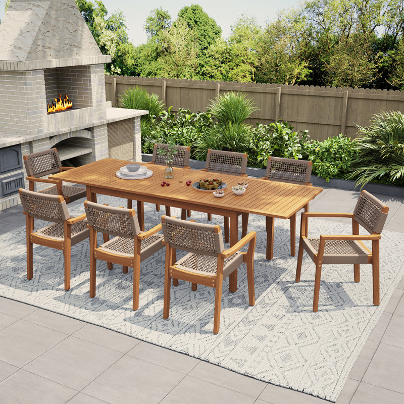 Ensemble repas 8 personnes pour l'extérieur avec trou pour parasol