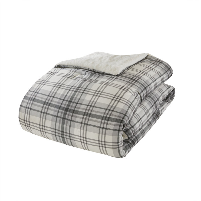 Full Gray Plaid Faux Fur Down Alternative Comforter Set