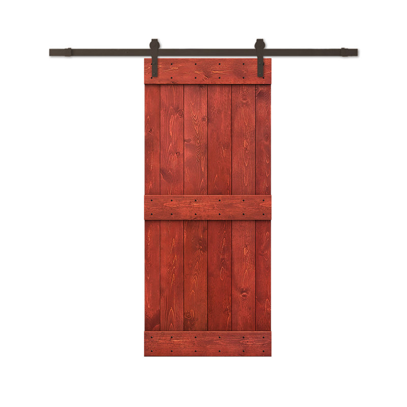 Porte de grange à panneaux et en bois avec quincaillerie d'installation, 22 po x 84 po, Rouge cerise, Noir mat