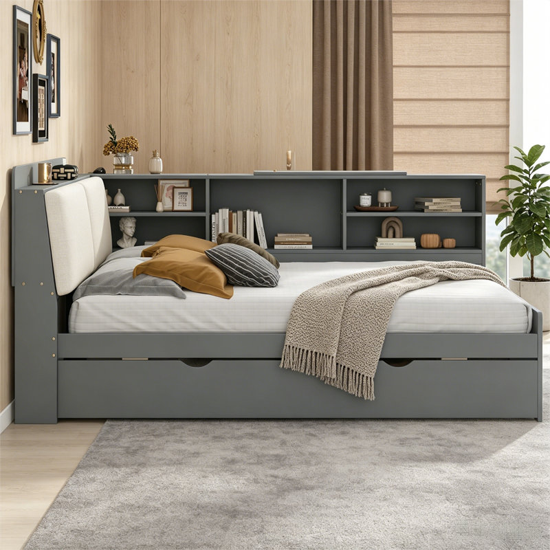 Full Size Solid Wood Platform Bed with Trundle and Storage Headboard, Gray