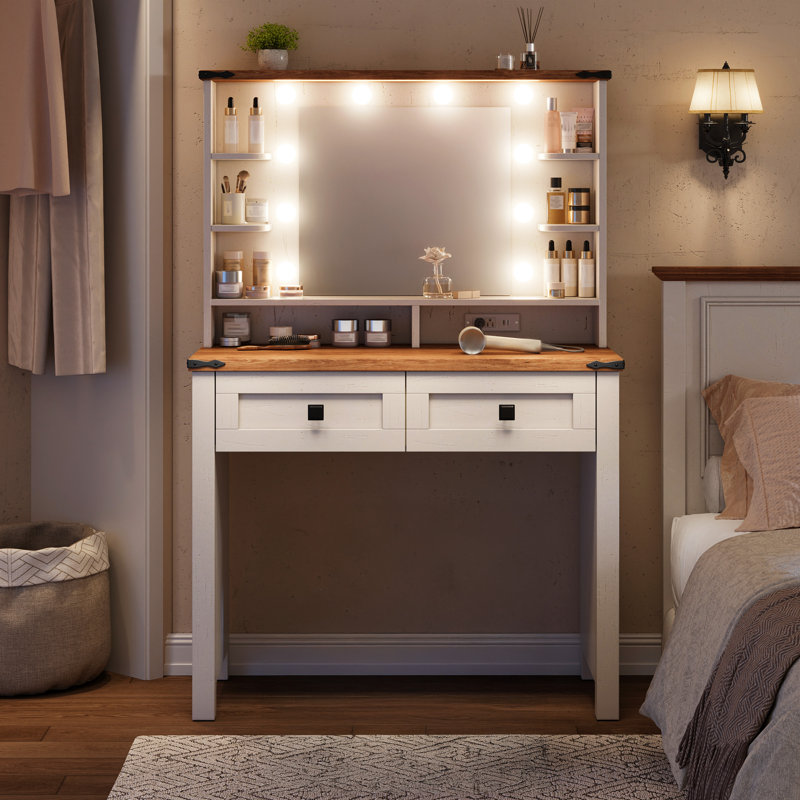 Bureau de meuble-lavabo avec miroir et lumières de l 31,5 po, Blanc / naturel