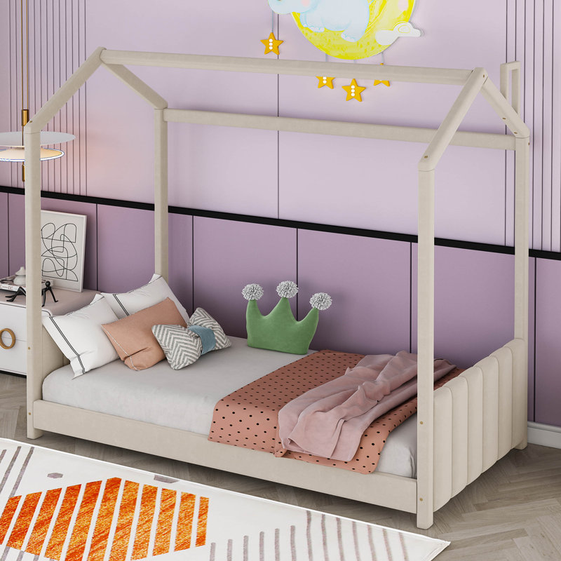 Searsboro  Velvet House Bed Wood Bed, Beige, Twin
