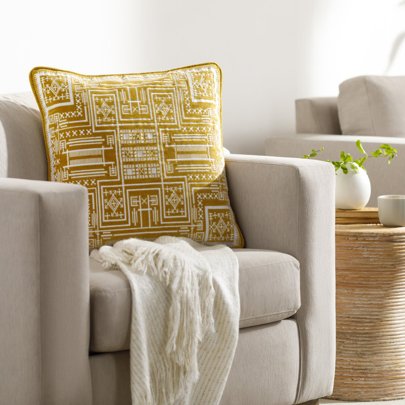 Camaxtli Textured Cotton Throw Pillow, Yellow, 20" x 20", Down